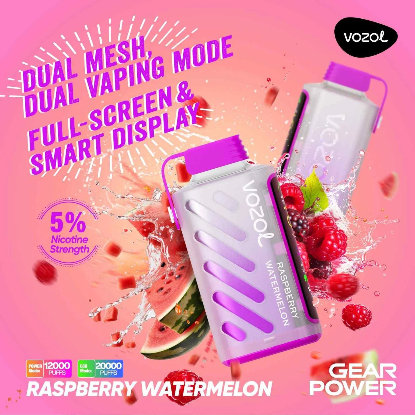 VOZOL GEAR POWER 20000 ZÜGE - Raspberry Watermelon 20MG