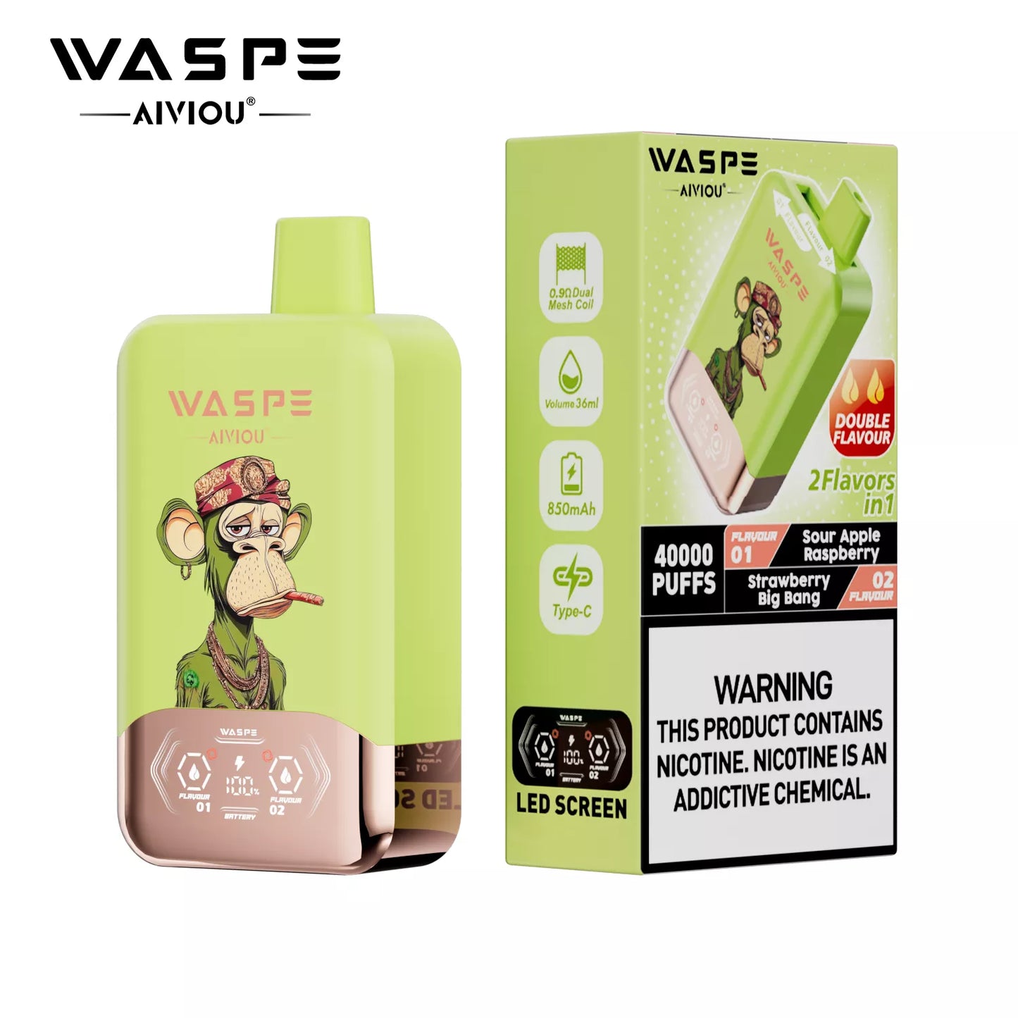 WASPE AIVIOU 40000 ZÜGE - Sour Apple Raspberry & Strawberry Big Bang