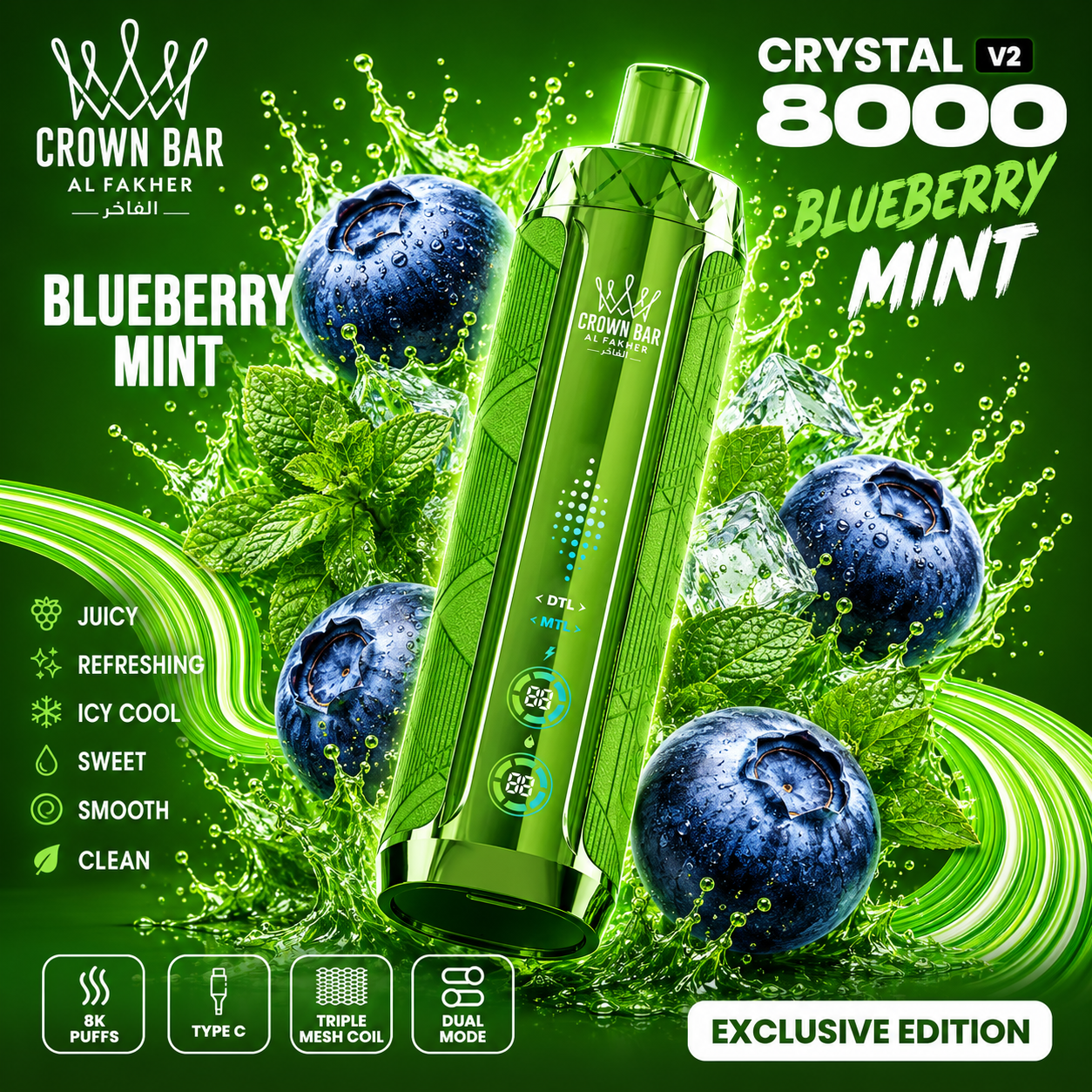 AL FAKHER CRYSTAL V2 8000 PUFFS - Blueberry Mint