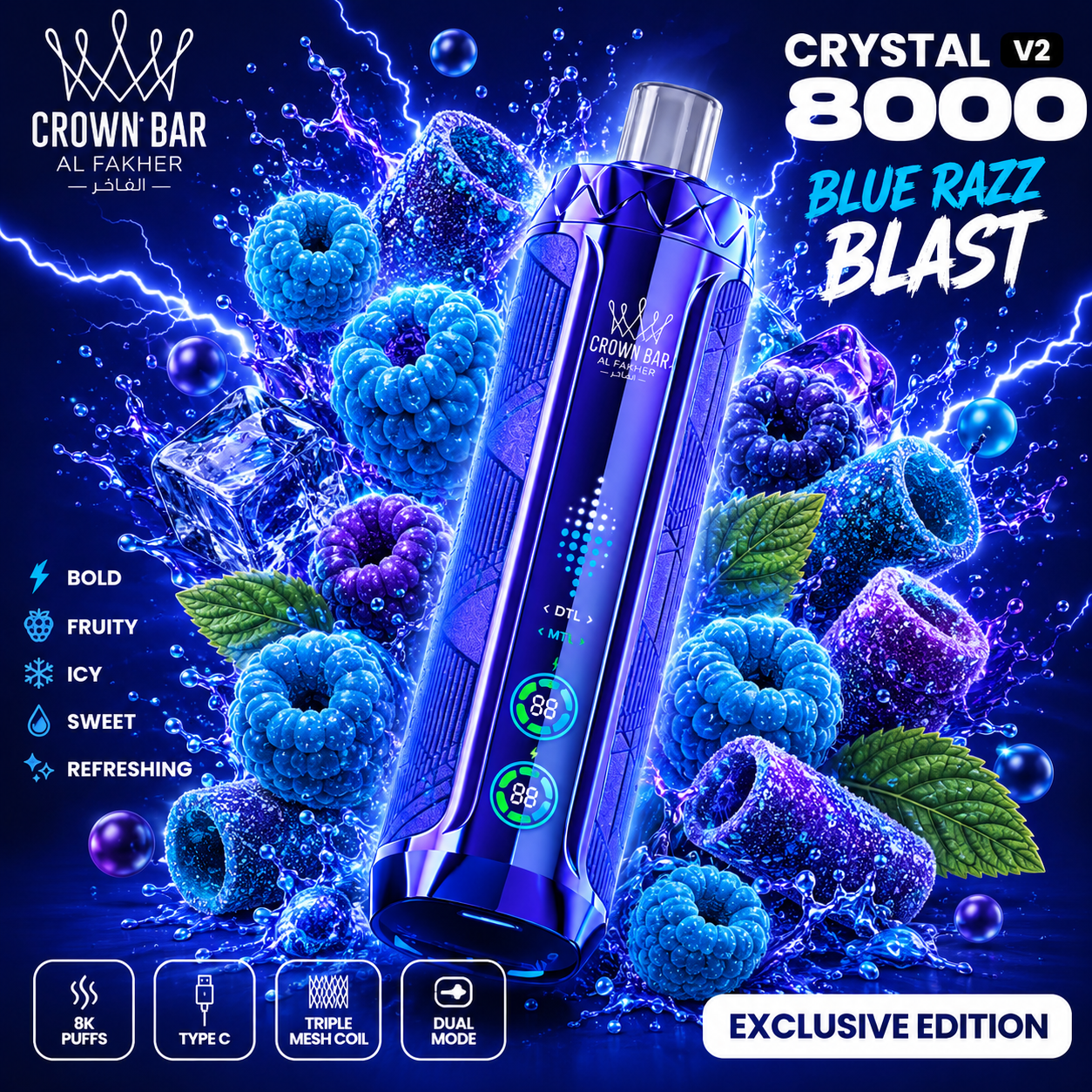AL FAKHER CRYSTAL V2 8000 PUFFS - Blue Razz Blast
